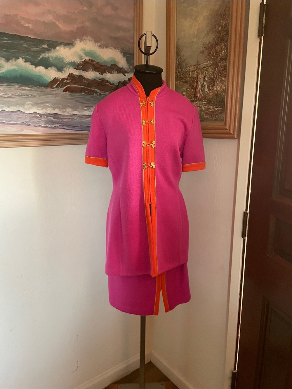 St. John Pink and Orange Trim Two-Piece Skirt Set
